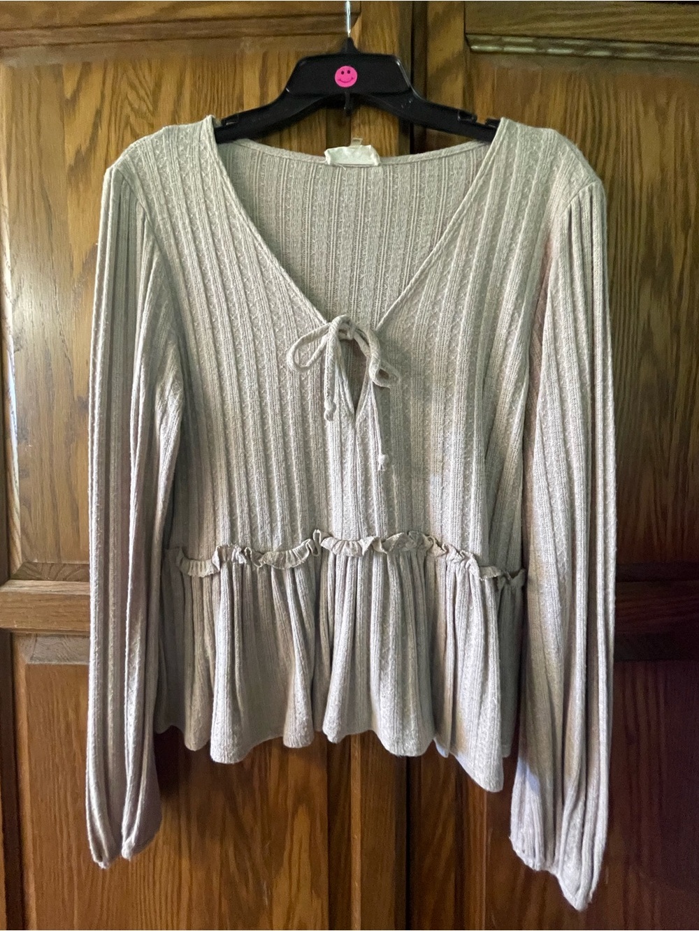 Altar'd State Light Taupe Ribbed Long-Sleeve Tie-Front Peplum Top